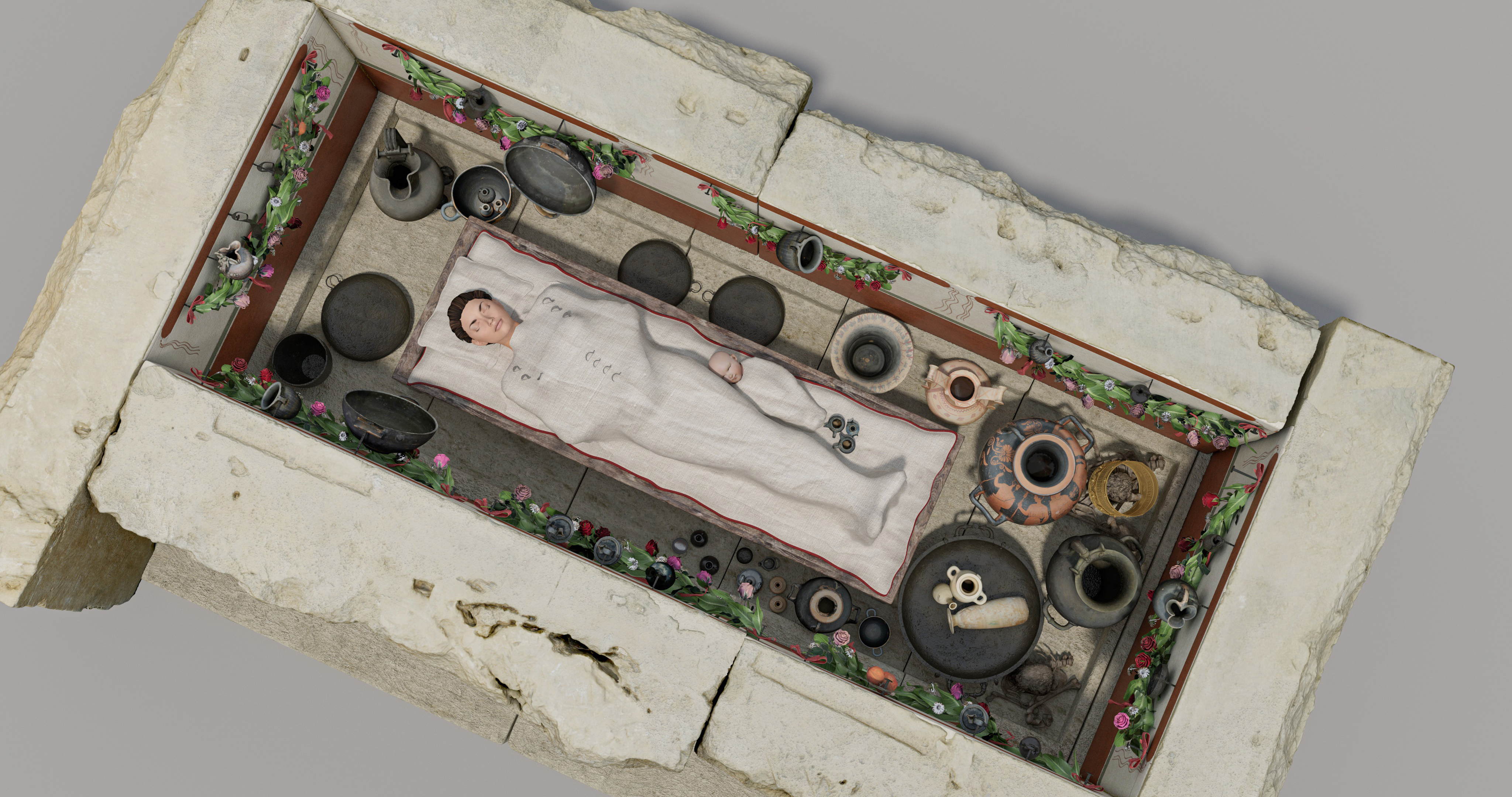 Fig. 13-14. “Tomb of the Athlete”, reconstructive hypothesis of the second deposition with related grave goods.