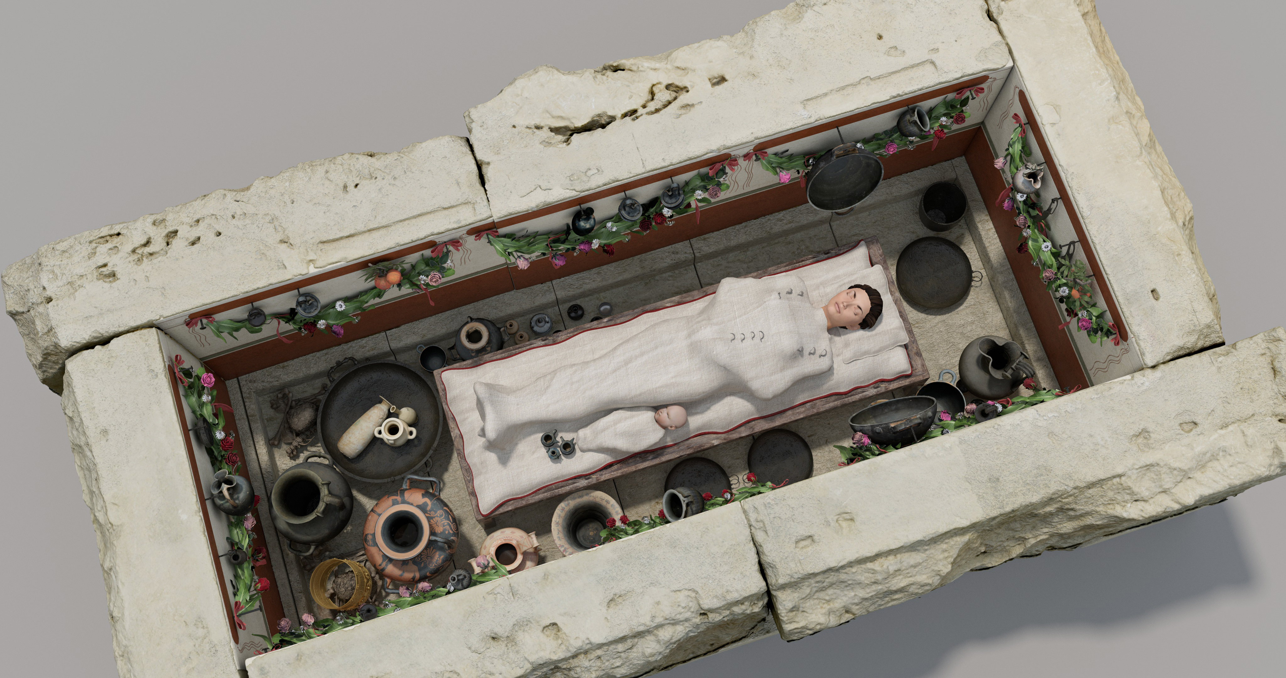 Fig. 13-14. “Tomb of the Athlete”, reconstructive hypothesis of the second deposition with related grave goods.